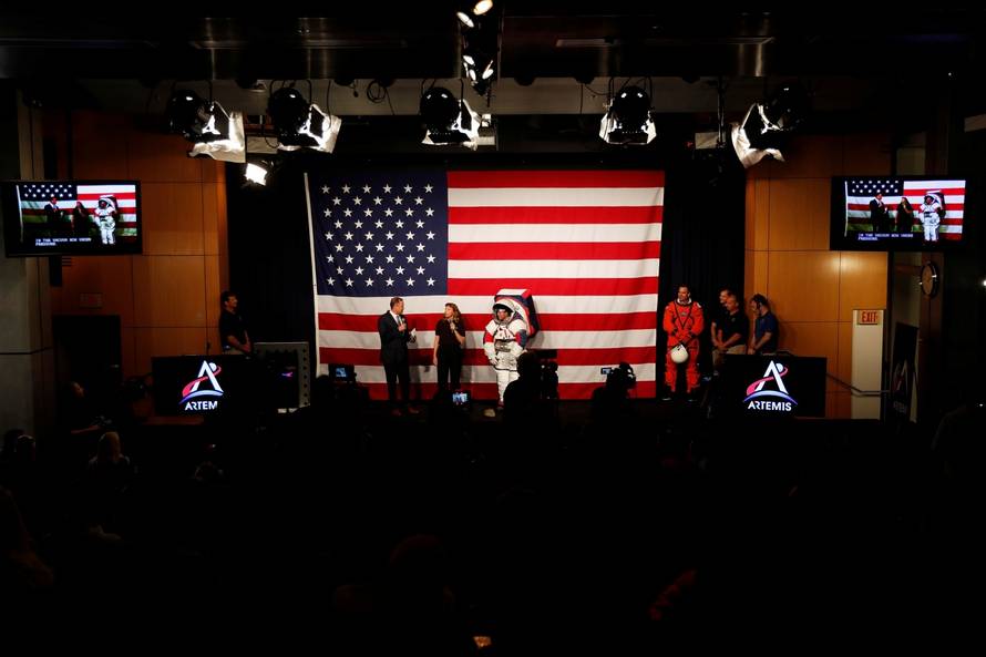 Advanced Space Suit Engineer at NASA Kristine Davis wears the xEMU prototype space suit for the next astronaut to the moon by 2024, during its presentation at NASA headquarters in Washington