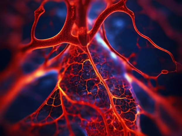 Blood cells flowing through veins and human circulatory system