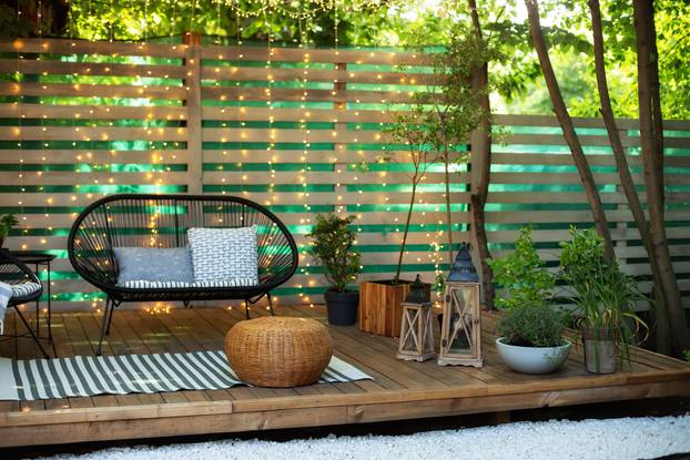 Modern,Lounge,Outdoors,In,Backyard.,Terrace,House,With,Plants,,Wooden