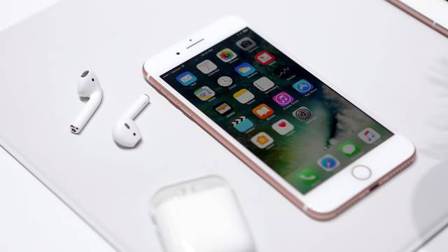 The Apple iPhone7 and AirPods are displayed during an Apple media event in San Francisco