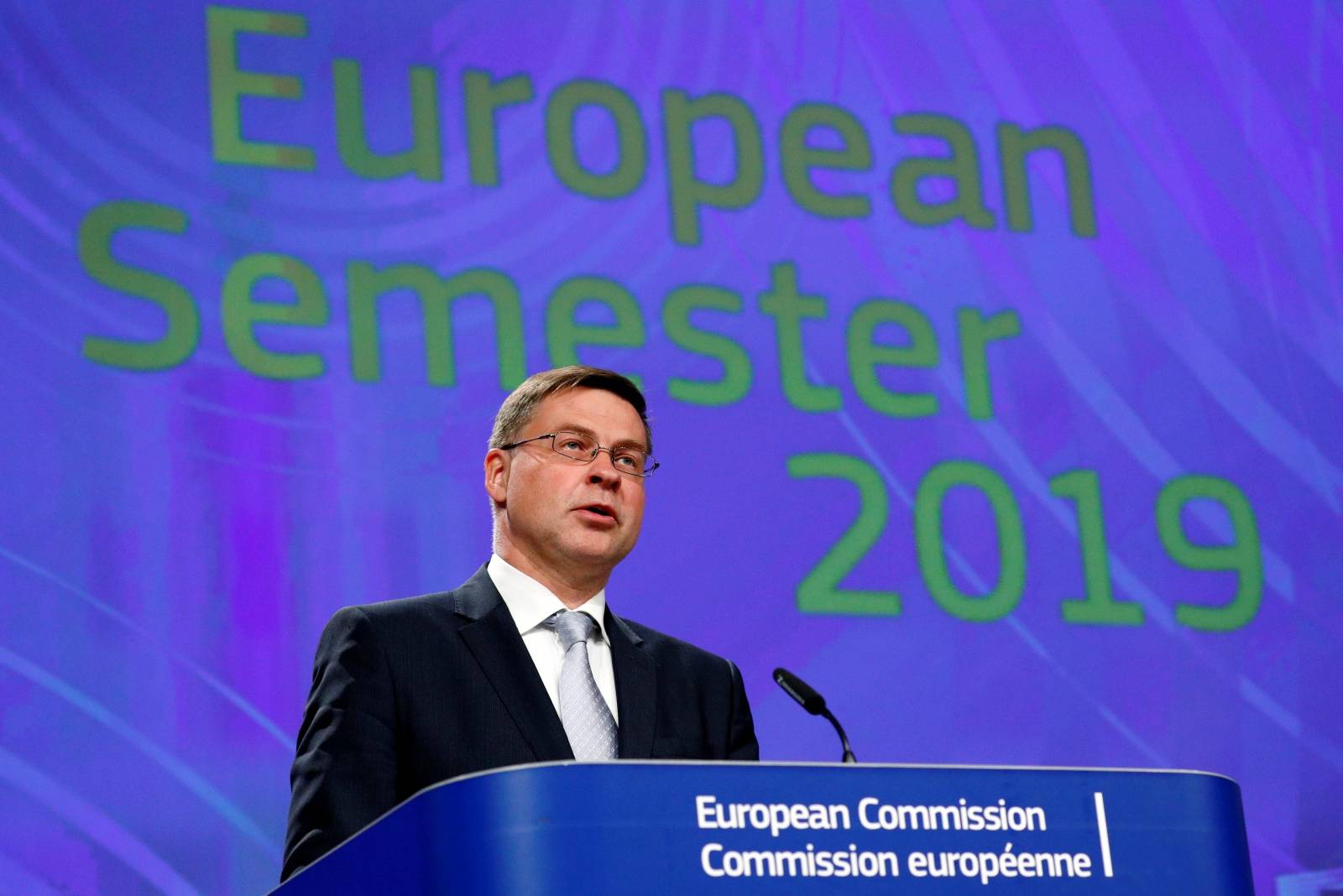 EU Commission Vice-President Dombrovskis holds a news conference in Brussels