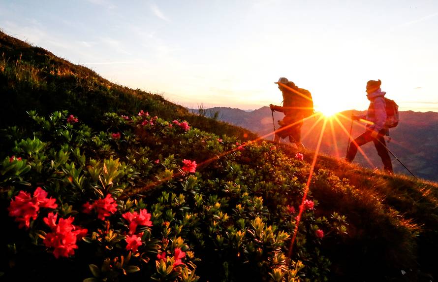 A couple hikes during sunrise on Kreuzjoch mountain in the Zillertal Alps in Schwendau