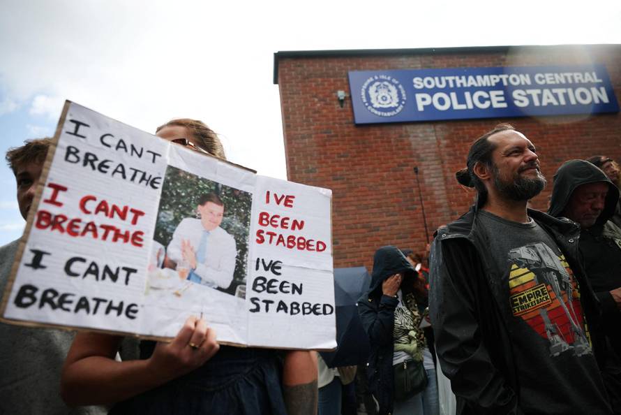 Protest outside police station following conviction of Vikrum Digwa for murder of Henry Nowak, in Southampton