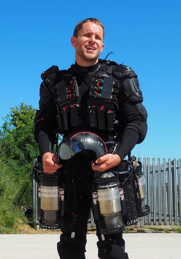 Inventor Richard Browning of technology startup Gravity wears his ÃDaedalusÃ jet suit after flight tests at Henstridge airfield in Somerset