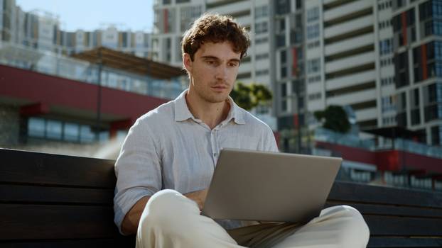 Happy,Caucasian,Man,Business,City,Freelancer,Working,Laptop,Computer,Win