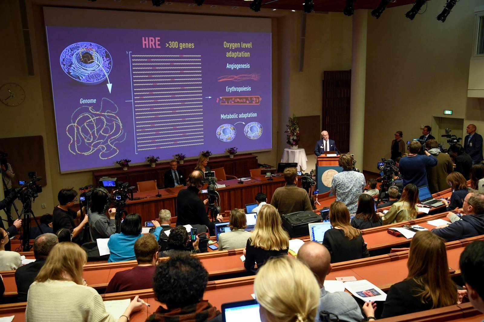 Professor Randall Johnson of the Nobel Commitee presents the Nobel laureates of this year's Nobel Prize in Medicine during a news conference in Stockholm