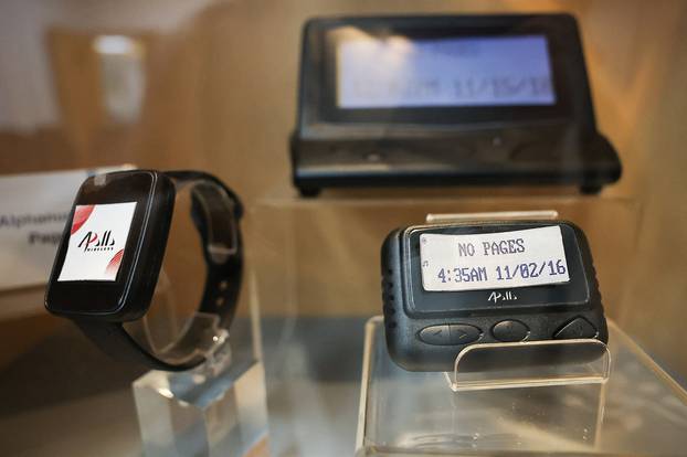 Pagers on display at a meeting room in the Gold Apollo company in New Taipei City