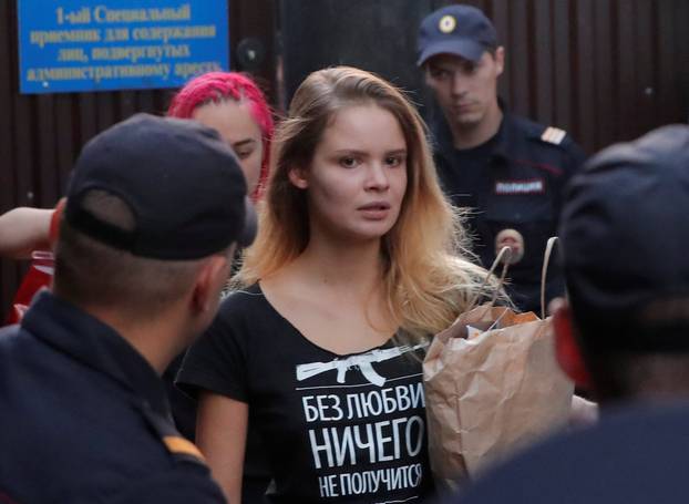 Intruders affiliated to anti-Kremlin punk band Pussy Riot, Nikulshina and Kurachyova, who ran onto the pitch during the World Cup final between France and Croatia, walk out of a detention center after leaving 15-day jail in Moscow