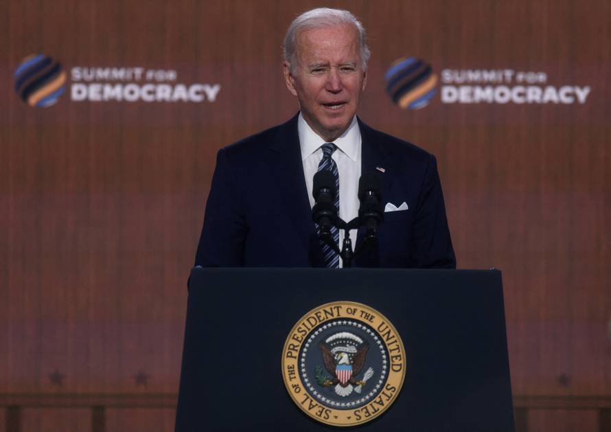 U.S. President Joe Biden delivers closing remarks at the State Department's virtual Summit for Democracy from the White House in Washington