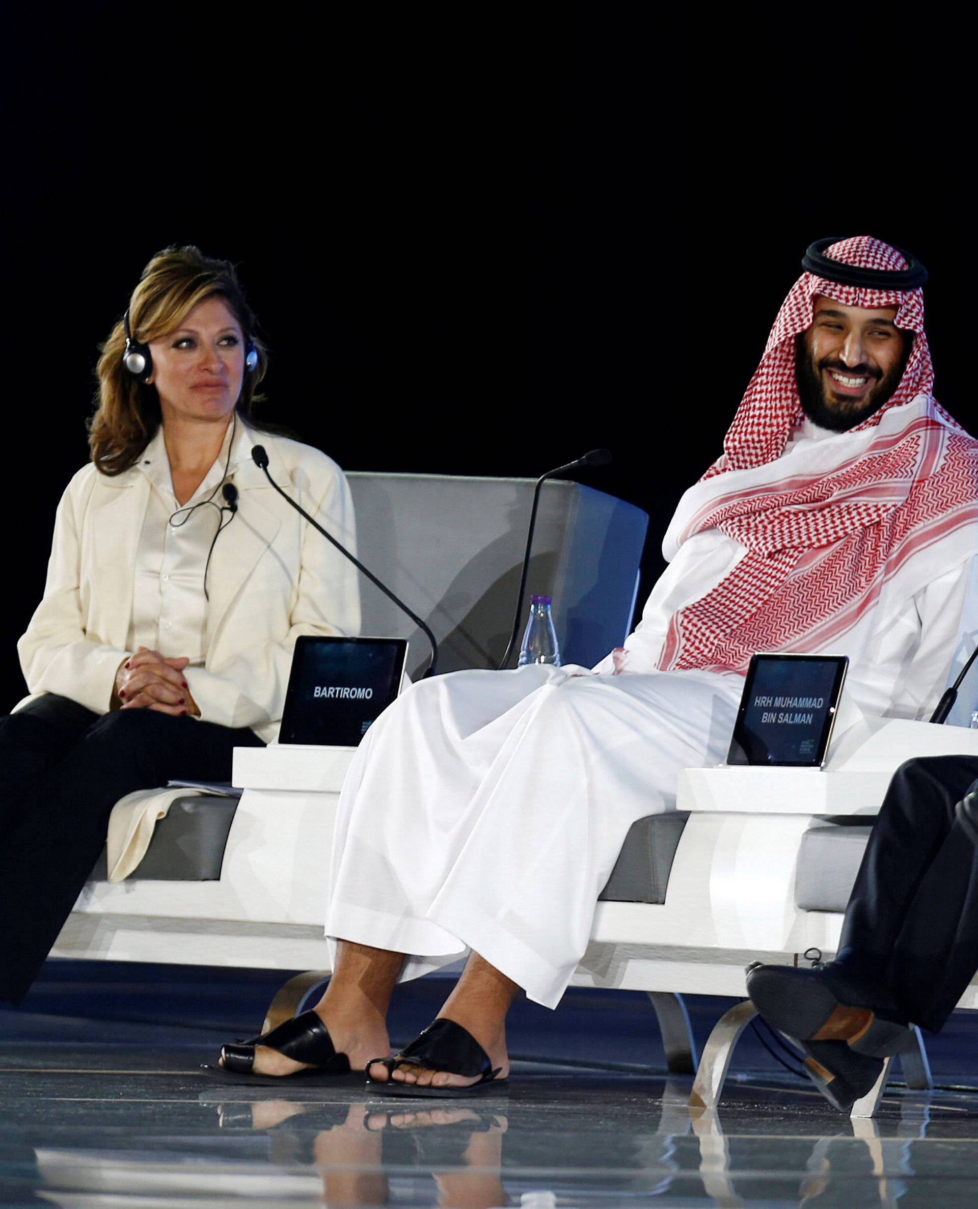 Saudi Crown Prince Mohammed bin Salman and Masayoshi Son, SoftBank Group Corp. Chairman and CEO, attend the Future Investment Initiative conference in Riyadh