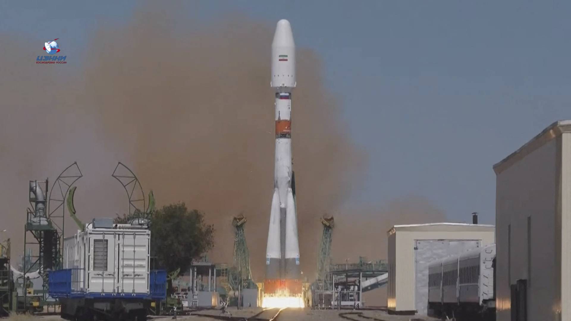 A Soyuz-2.1b rocket booster with the Iranian satellite "Khayyam" blasts off from the launchpad at the Baikonur Cosmodrome