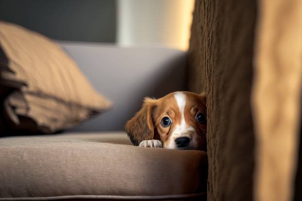 At home, a cute puppy dog is hiding behind the sofa