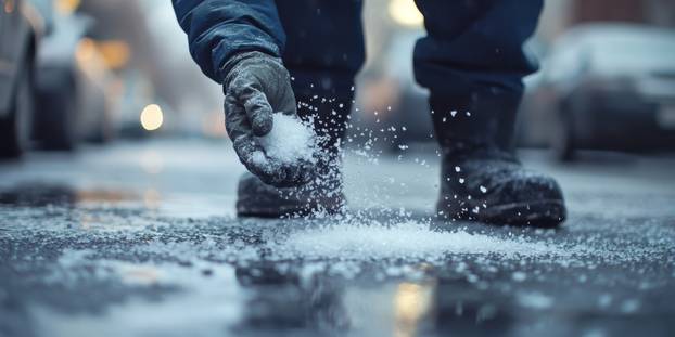 A city worker is spreading salt on the icy sidewalk to ensure safety during winter