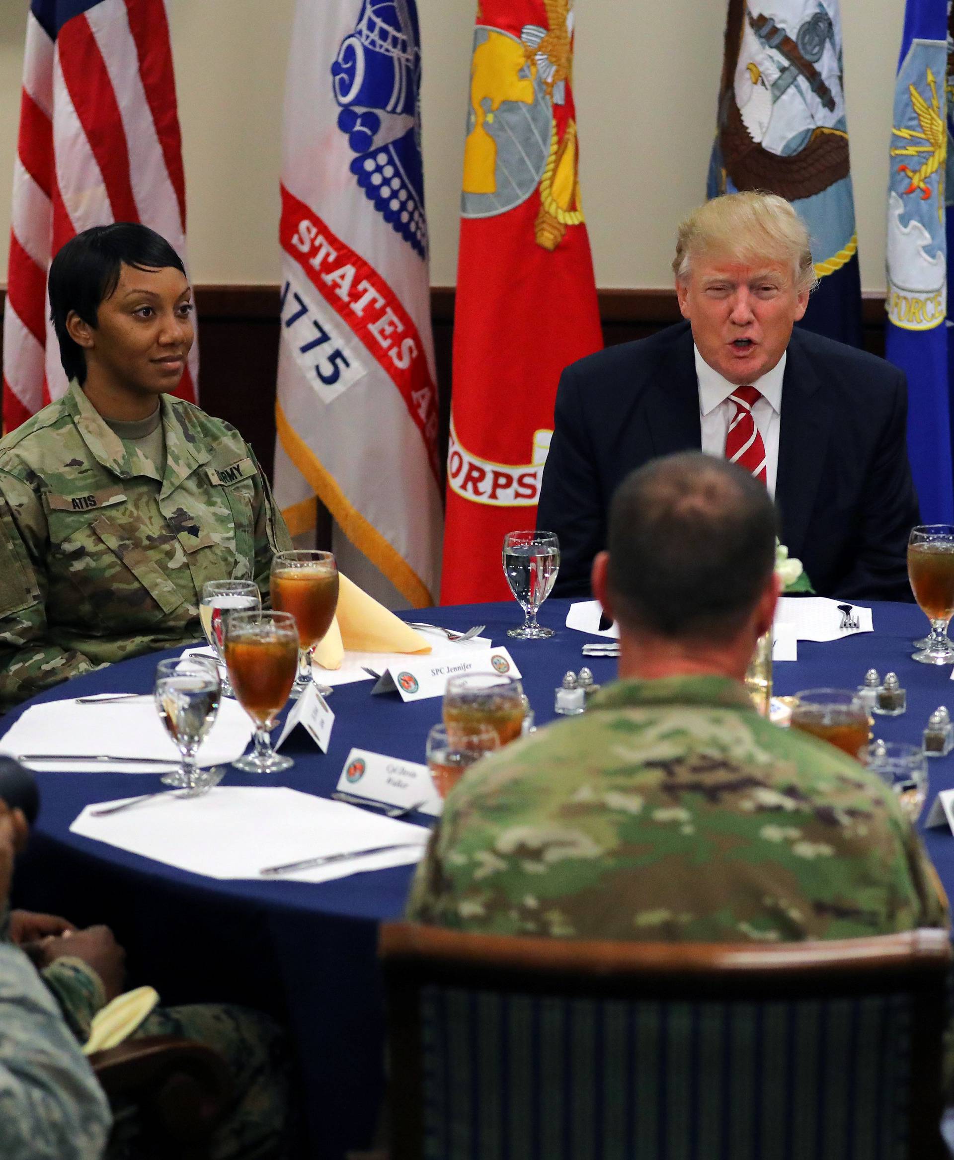 U.S. President Donald Trump attends a lunch with members of the U.S. military during a visit at the U.S. Central Command (CENTCOM) and Special Operations Command (SOCOM) headquarters in Tampa