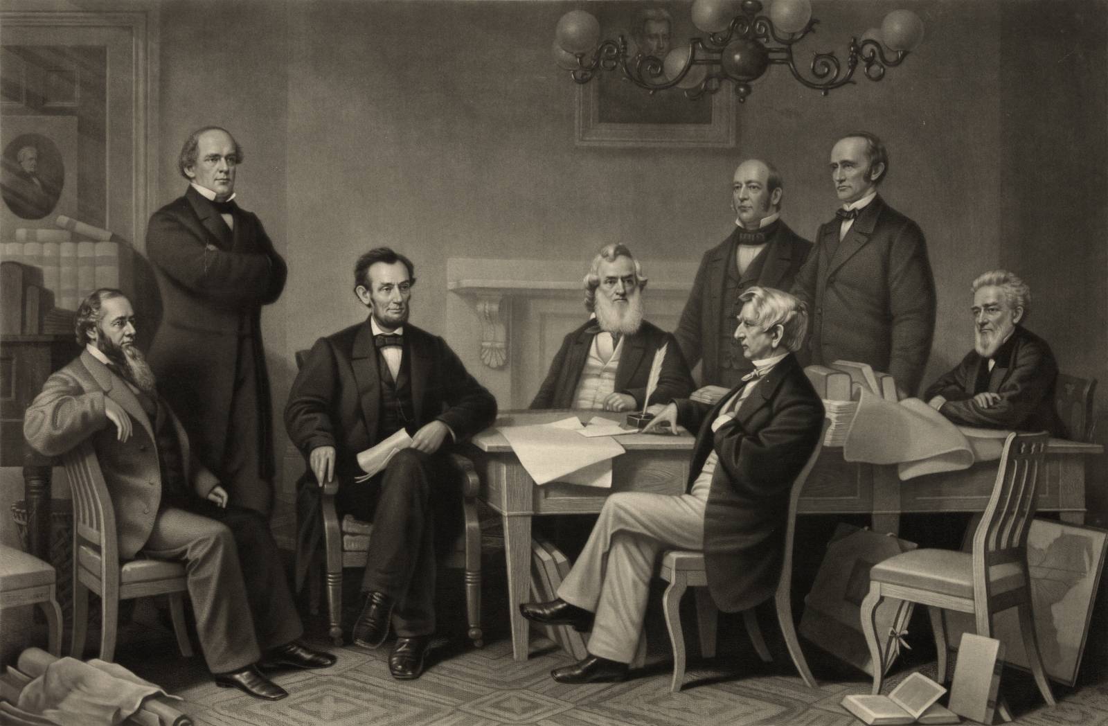An illustration depicting the first reading of the Emancipation Proclamation before the cabinet of U.S. President Abraham Lincoln