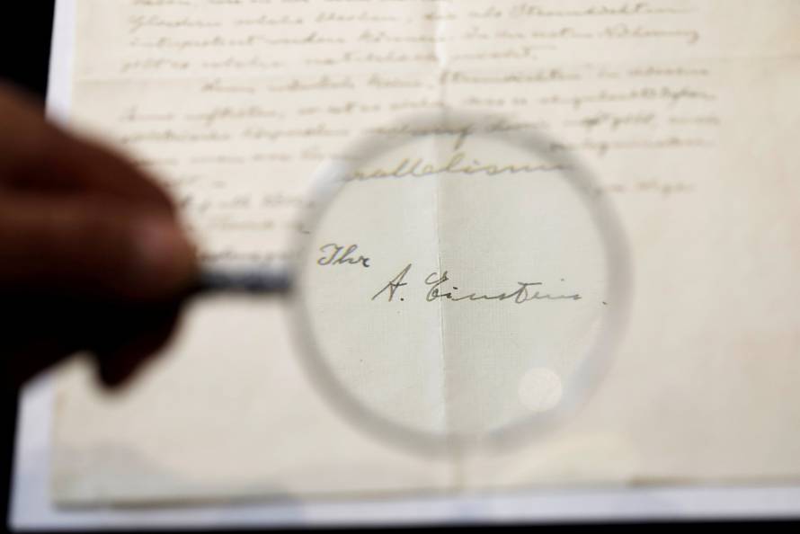 A letter written by Albert Einstein in 1928 is seen before it is sold at an auction in Jerusalem