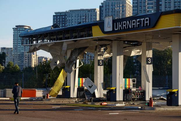 Aftermath of a Russian drone strike on a gas station in Kyiv