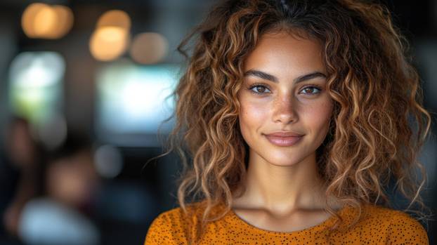 A woman with curly hair and a bright smile stands in a comfortable space filled with warm light