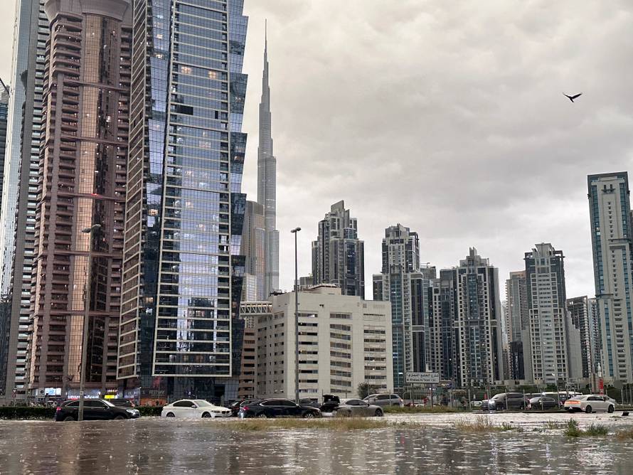 A general view of floods caused by heavy rains in Dubai