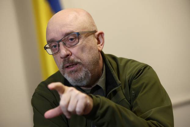 Ukrainian Defence Minister Reznikov talks during an interview with Reuters in Kyiv