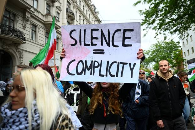 People attend a protest against Israel's participation in the Eurovision Song Contest