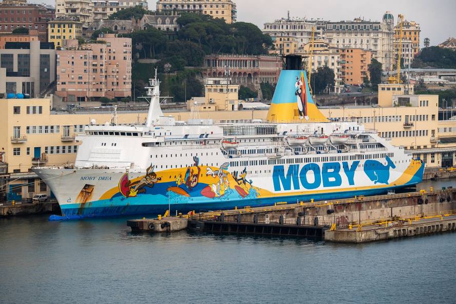 Genoa, Italy - 5 June 2025: The colorful car ferry Moby Drea is moored in the port of Genoa. The paintwork with cartoon