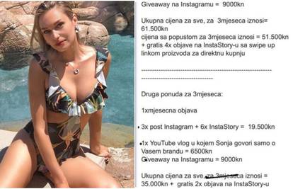 Sonja objavila cijene usluga na Instagramu: Cifre do 61.500 kn