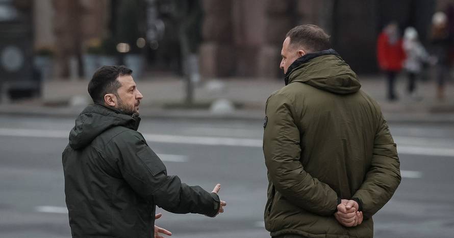 Ukraine's President Zelenskiy speaks with Head of Presidential Office Yermak in Kyiv