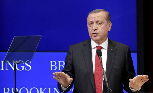 Turkish President Tayyip Erdogan speaks at the Brookings Institute in Washington 