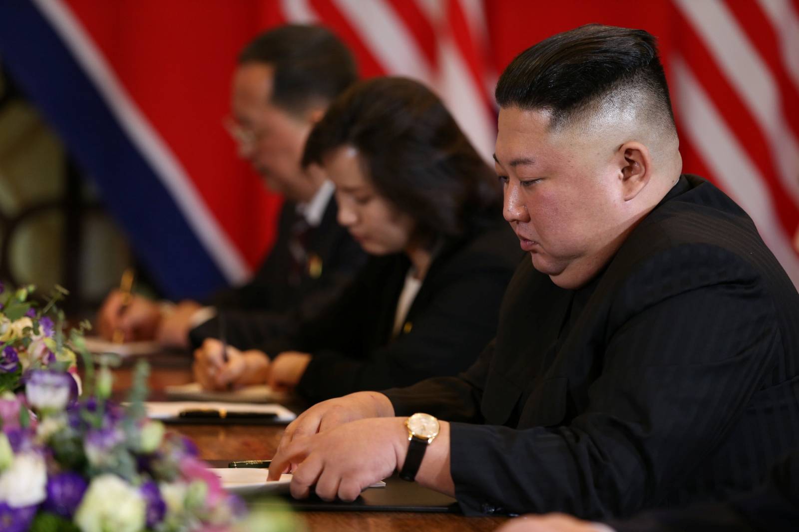 North Korea's leader Kim Jong Un attends the extended bilateral meeting in the Metropole hotel during the second North Korea-U.S. summit in Hanoi
