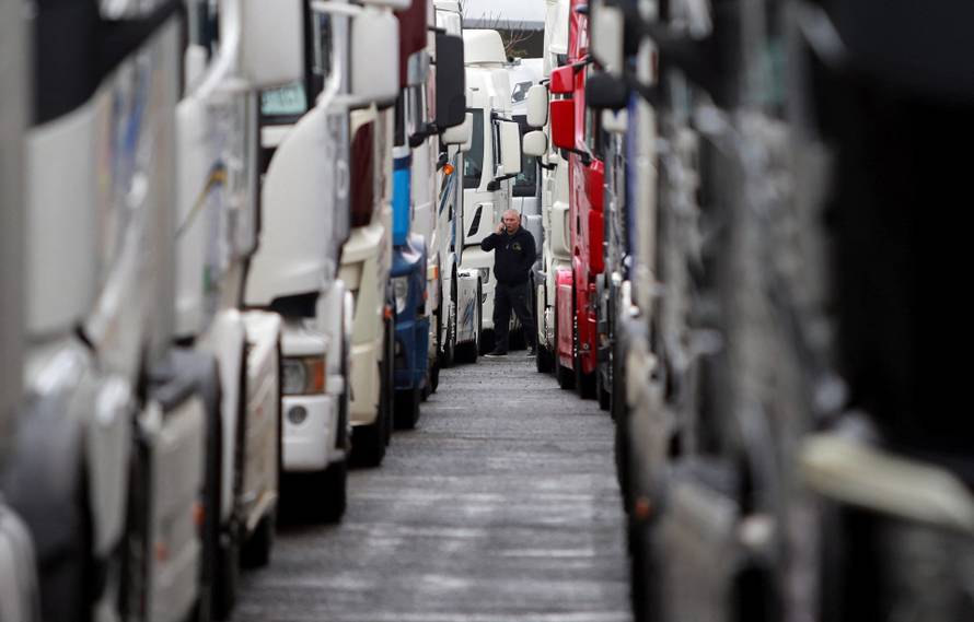 Protest by truck drivers and transport union representatives over disruptions linked to the European Union's new Entry-Exit System, in Gevgelija