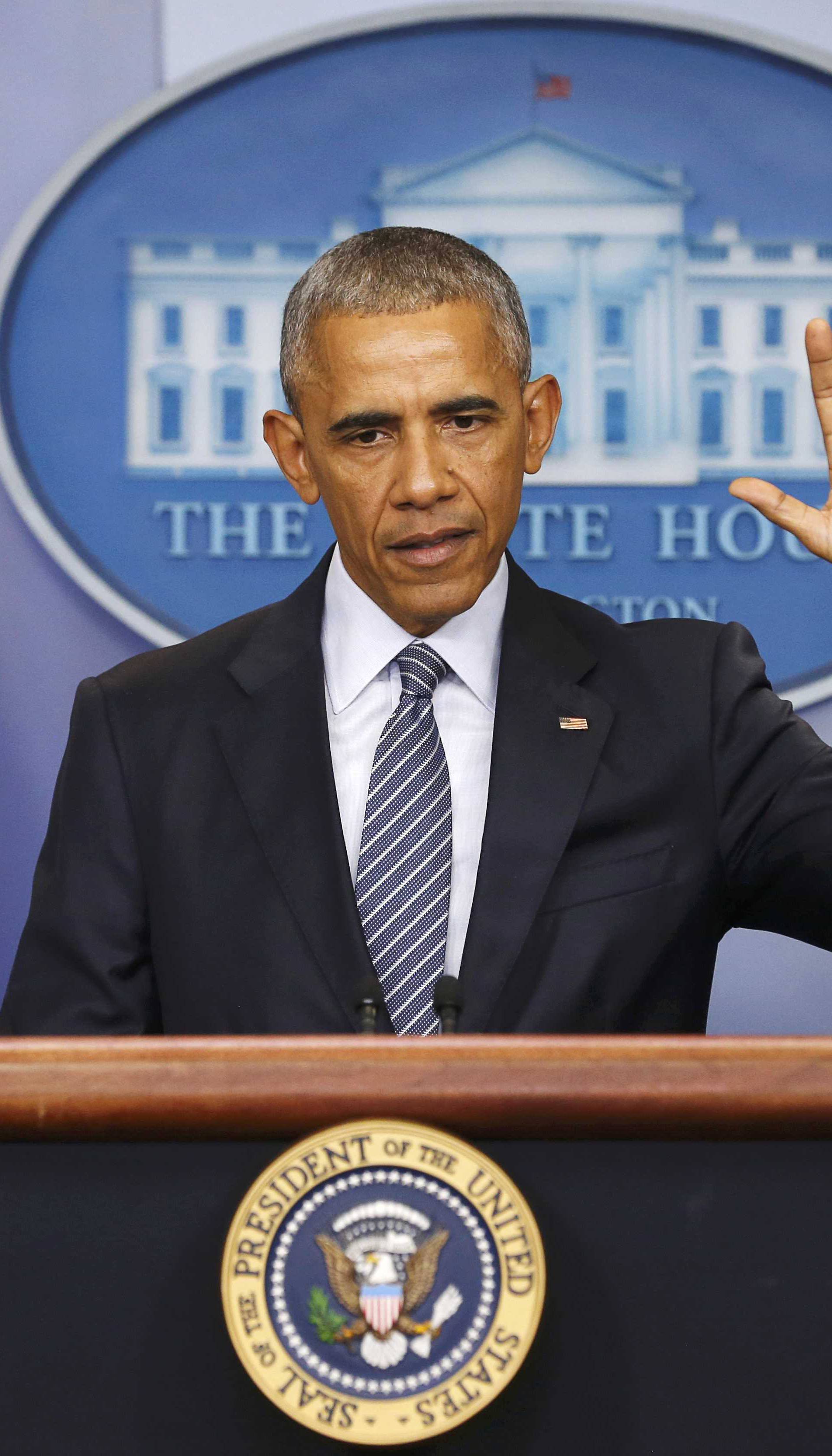 US President Barack Obama participates in news conference at the White House in Washington