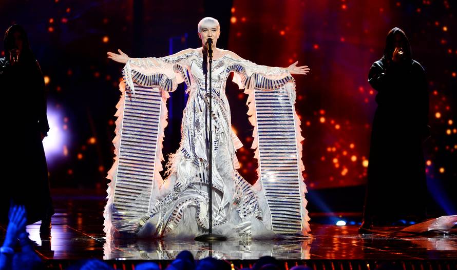 Croatia's Nina Kraljic rehearses the song âLighthouseâ during the jury show at the Ericsson Globe Arena in Stockholm