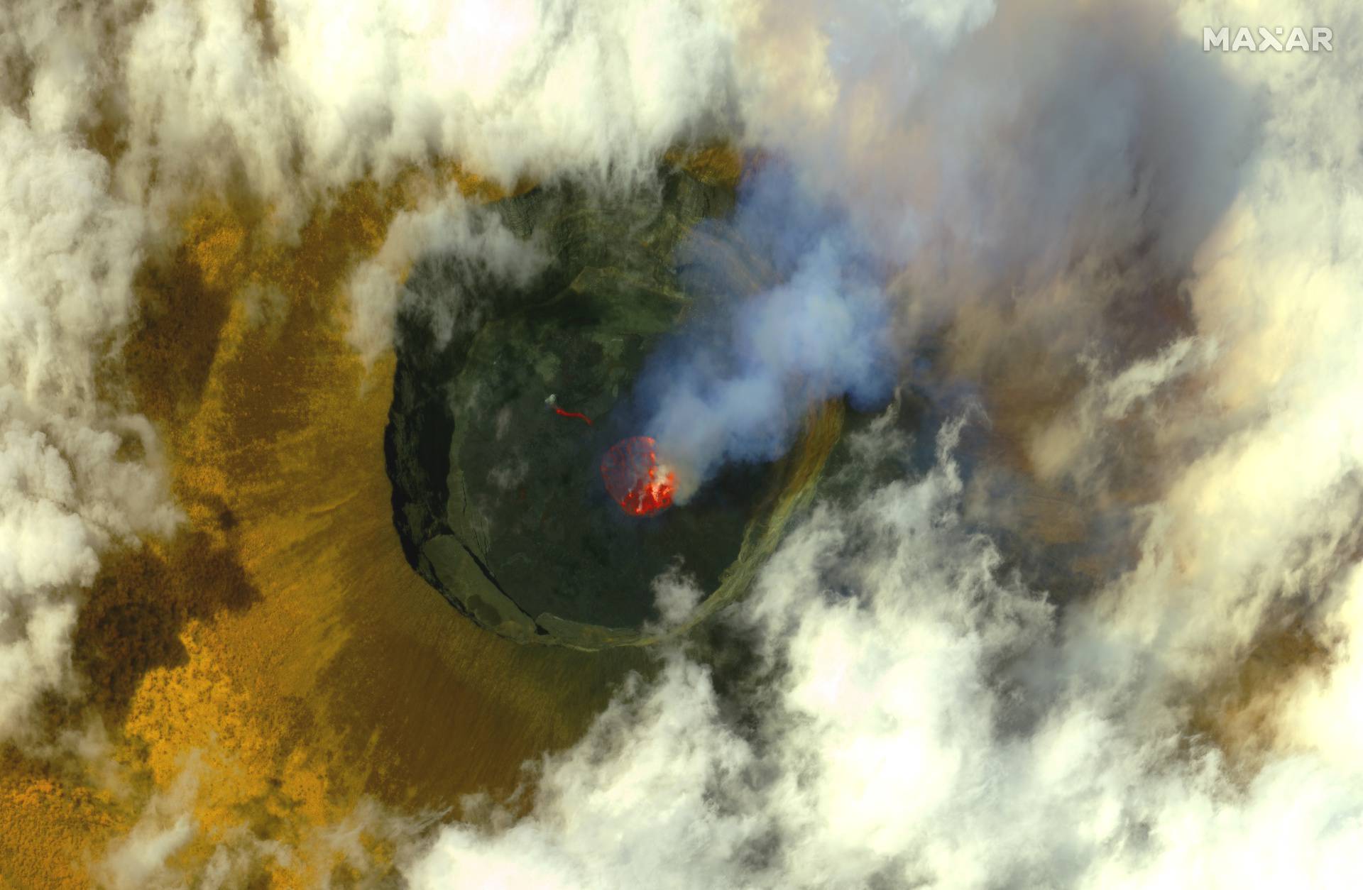 Volcanic activity is seen in the crater at Mount Nyiragongo before eruption near Goma