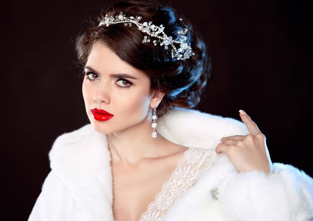 Fashion portrait of beautiful young woman in white fur coat with