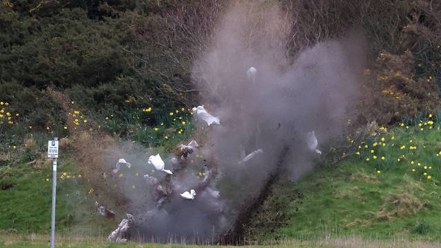 A view shows a controlled explosion carried out by Army Bomb disposal officers on a piece of ordnance discovered near New Brighton