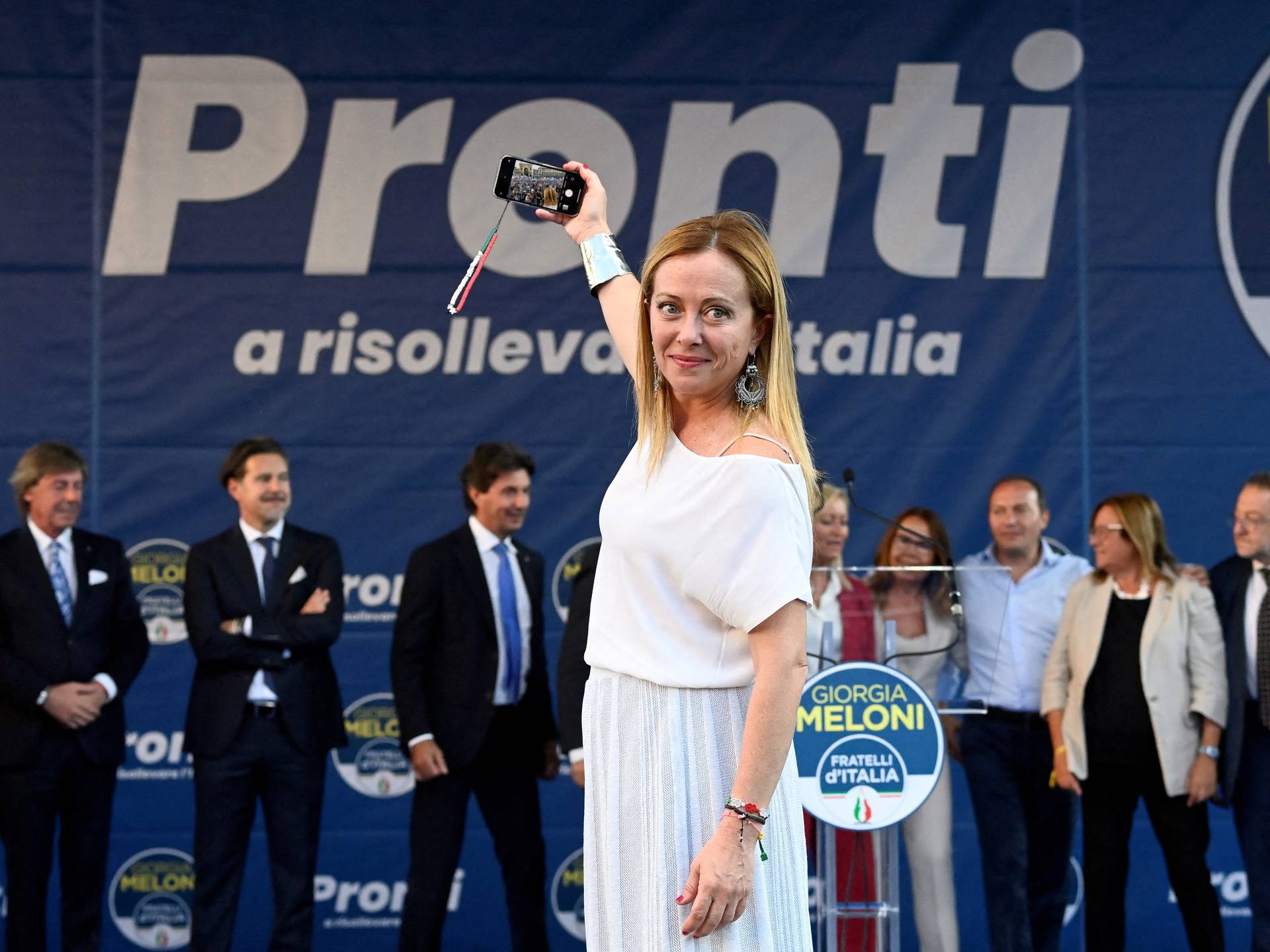 FILE PHOTO: Giorgia Meloni, leader of the far-right Brothers of Italy party, attends a rally in Milan