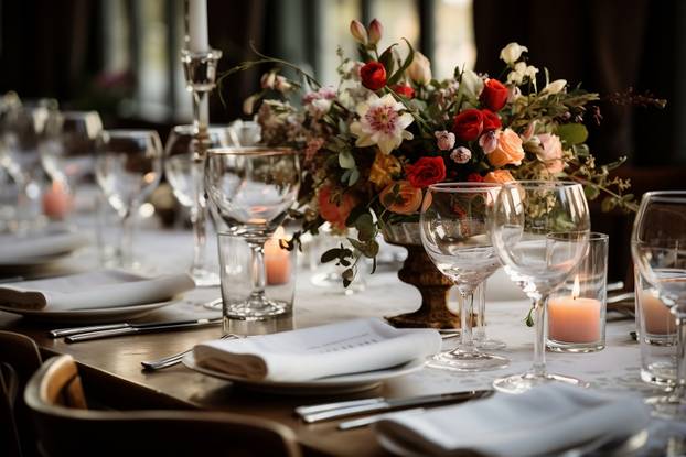 Exquisite Focus on Wedding Reception Table Configuration. Generative AI