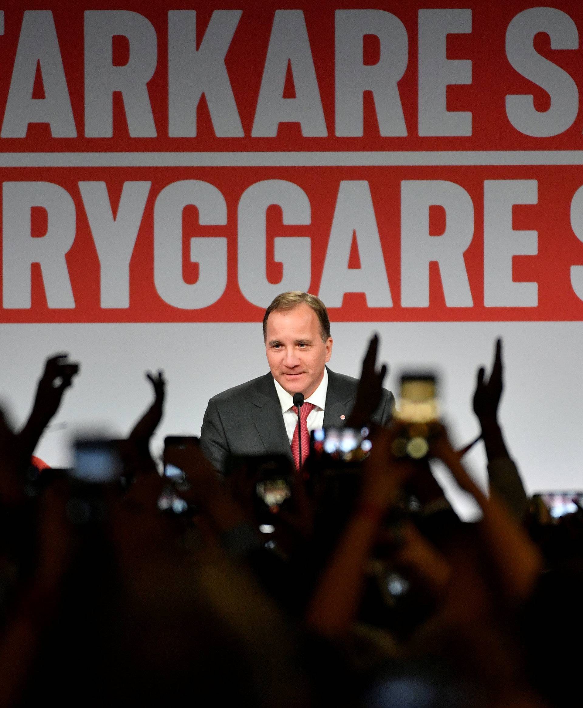 Sweden's Prime Minister and leader of the Social democrat party Stefan Lofven speaks at an election party at the Fargfabriken art hall in Stockholm