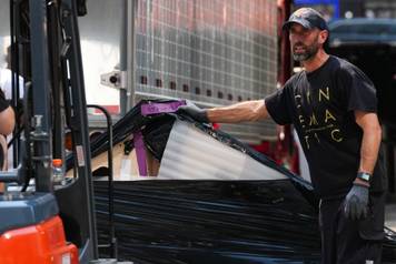 Items are unloaded from trucks at Madison Square Garden, ahead of a reported wedding between Taylor Swift and Travis Kelce