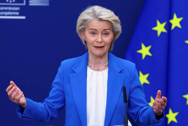 European Commission President Ursula von der Leyen attends a press conference in Brussels