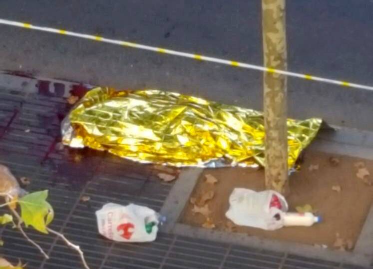 A dead person is seen at the scene after a van crashed into pedestrians near the Las Ramblas avenue in central Barcelona