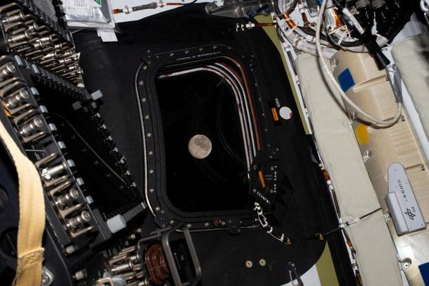 A view of the Moon taken by an Artemis II crew member through the window of the Orion spacecraft