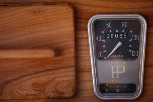The counter is seen in the hand-built 2CV Citroen car made out of fruitwood by Michel Robillard, a french cabinet maker, in Loches