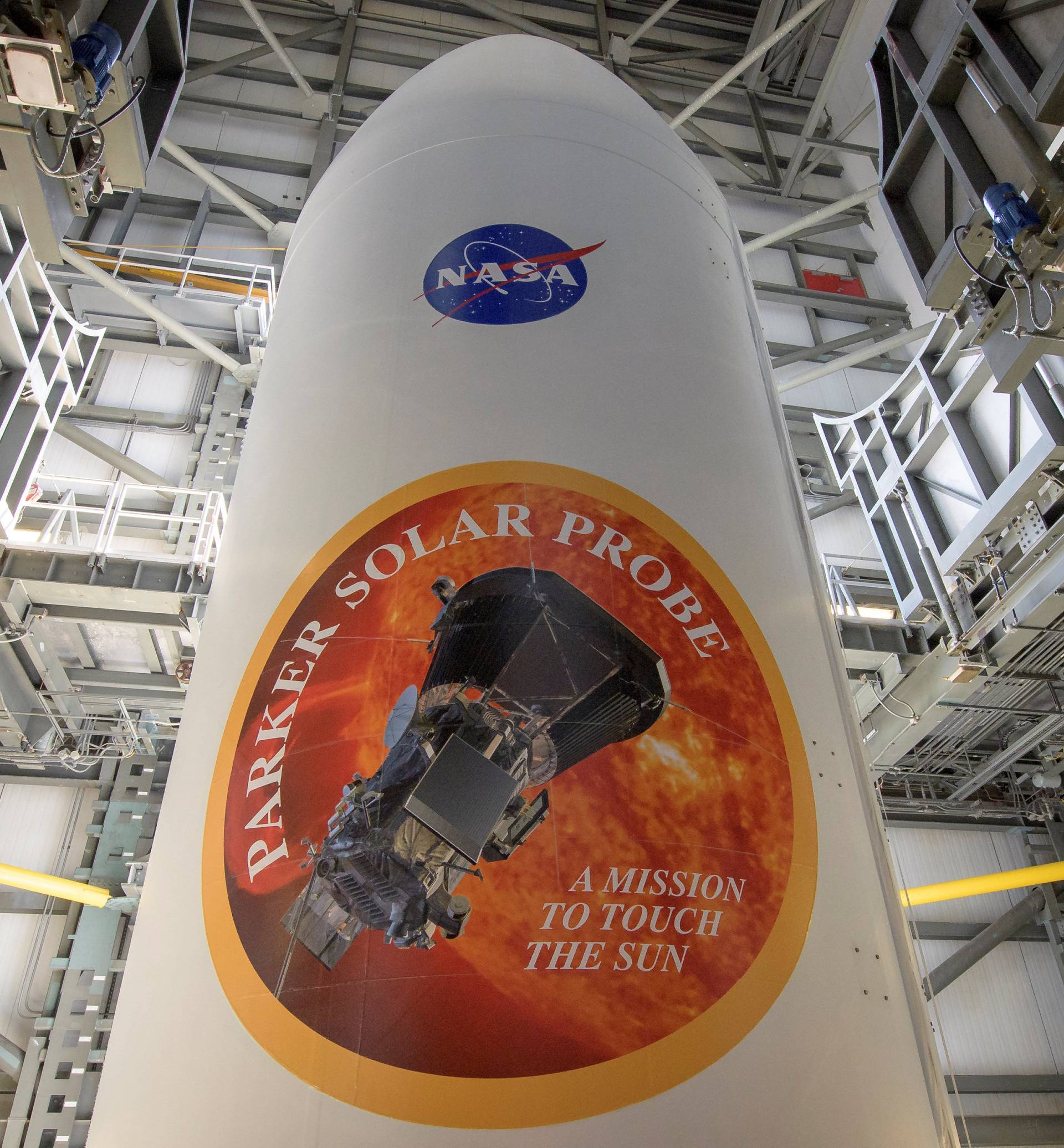 The United Launch Alliance Delta IV Heavy rocket payload fairing is seen with the NASA and Parker Solar Probe emblems at Launch Complex 37 Cape Canaveral Air Force Station