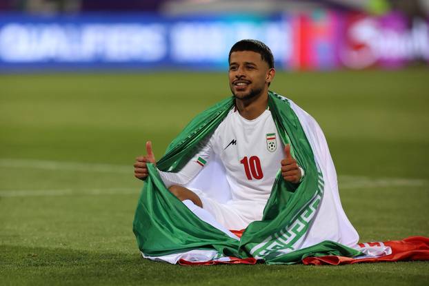 TEHRAN, Iran. 25th Mar, 2025. Mehdi Ghayedi of Iran celebrates after wining promotion for World Cup during the FIFA World Cup 2026 Qualification AFC, Group A round 8 match between Iran and Uzbekistan at Azadi Stadium. Photo Mohammad Amirhosseini/Soccer Im