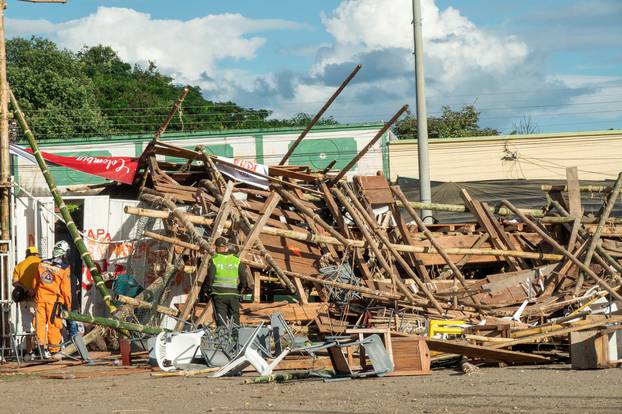 Debris is pictured after part of a grandstand collapsed in a bullring, during the celebration of the San Pedro festivities, in El Espinal