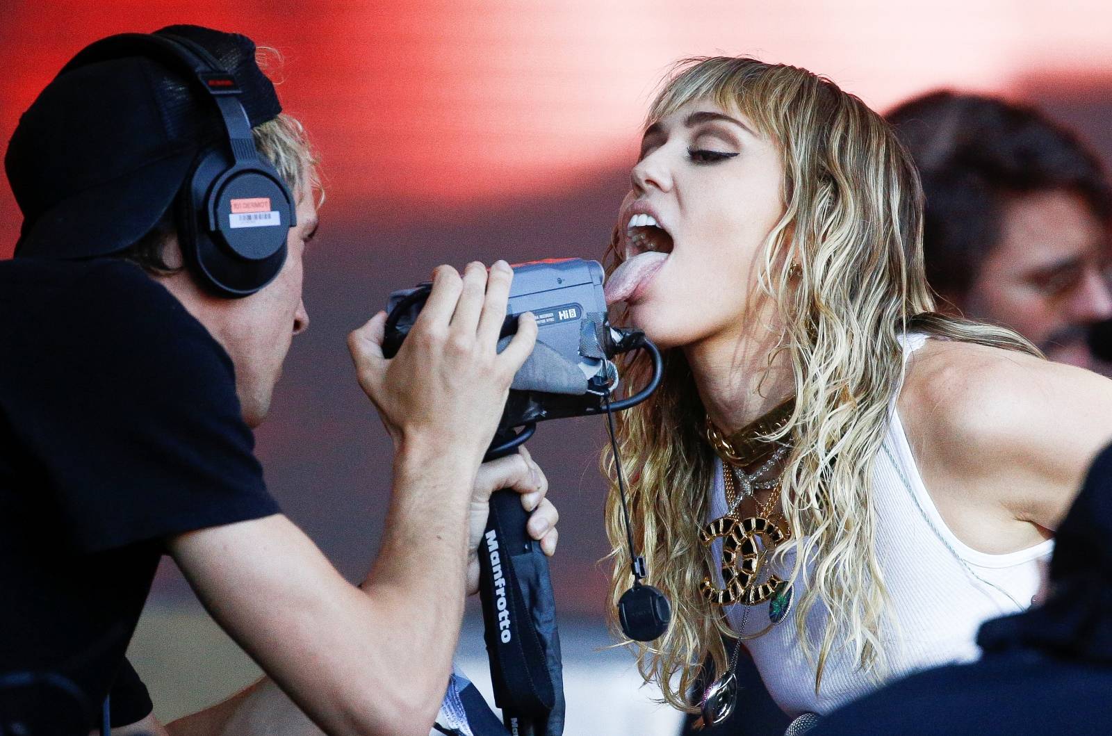 American singer Miley Cyrus performs on the Pyramid Stage during Glastonbury Festival in Somerset