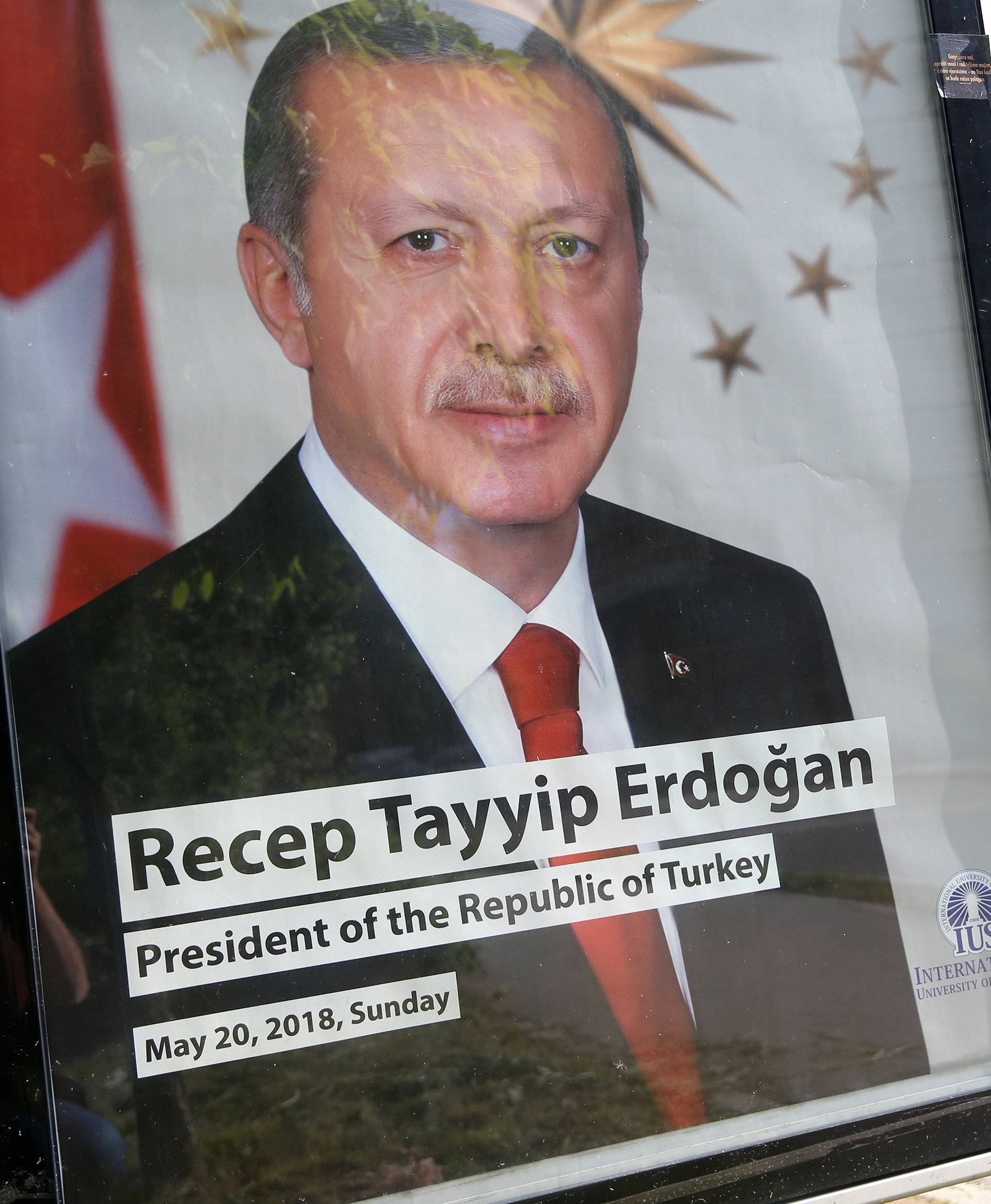 Turkey's President Tayyip Erdogan poster is seen in front of the International University of Sarajevo