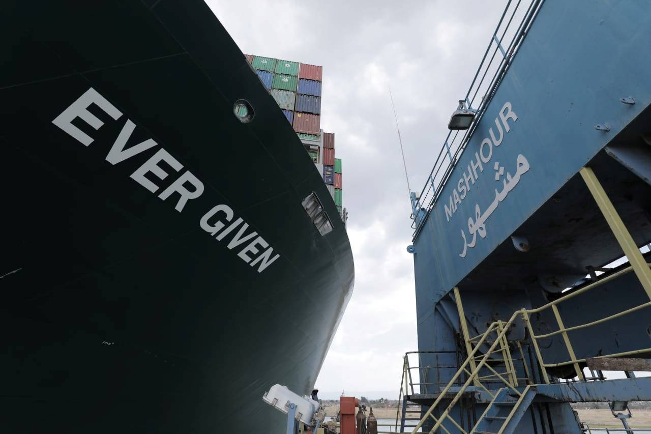 Stranded container ship Ever Given, one of the world's largest container ships, is seen after it ran aground, in Suez Canal